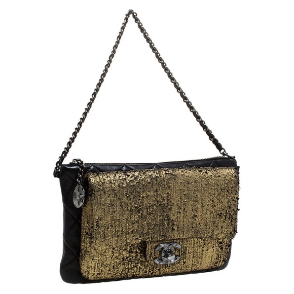 AUTHENTIC CHANEL Mineral Nights Clutch Gold Black Lambskin Wristlet Circa 2012 - Picture 14 of 15